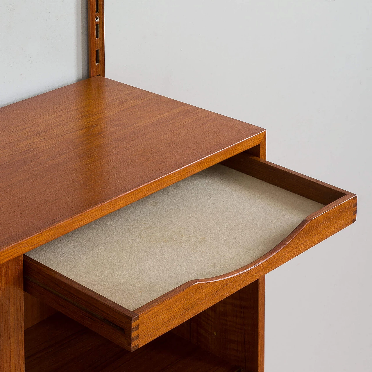 Two bay teak wall unit with sliding doors cabinet by Kai Kristiansen for FM Mobler, 1960s 11