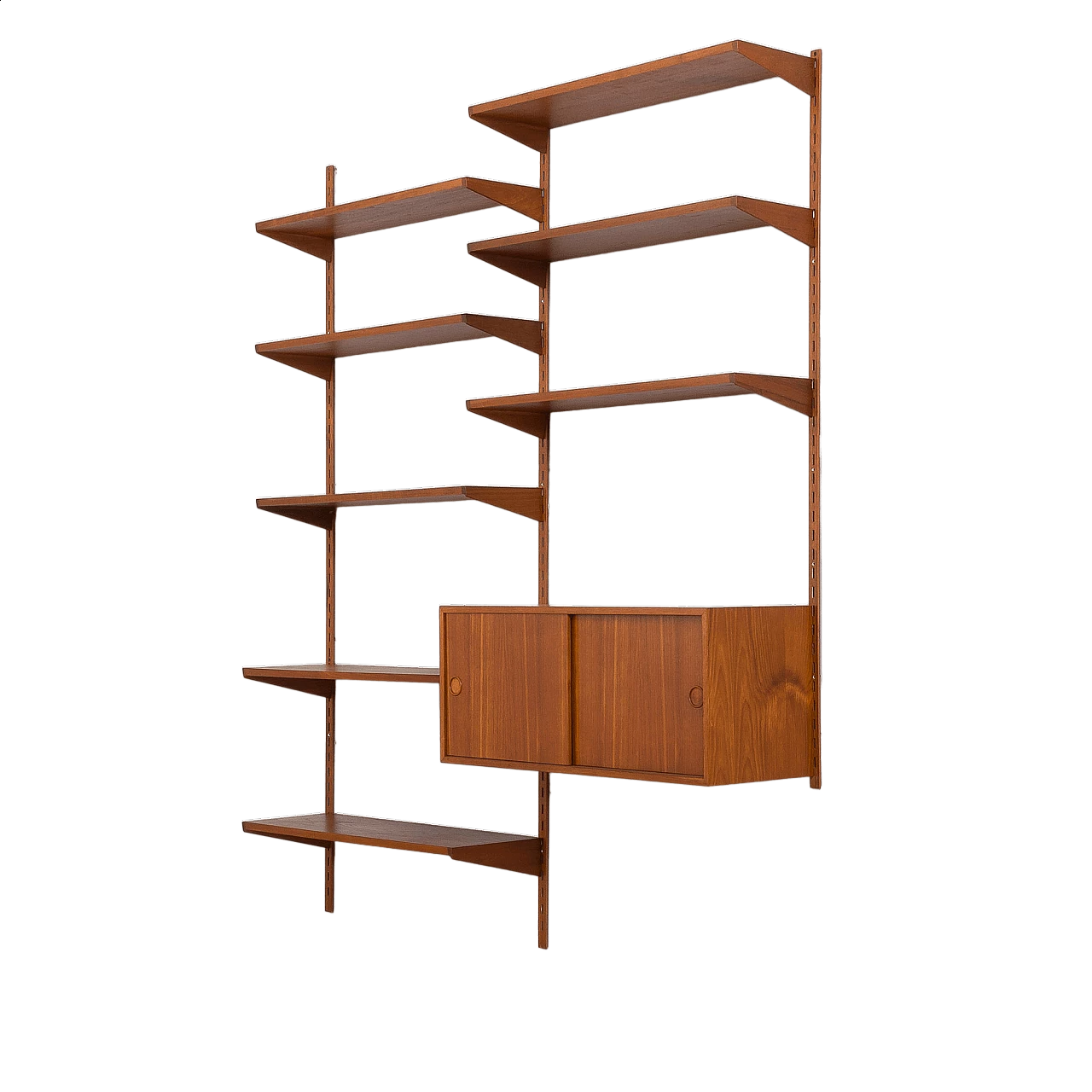 Two bay teak wall unit with sliding doors cabinet by Kai Kristiansen for FM Mobler, 1960s 20