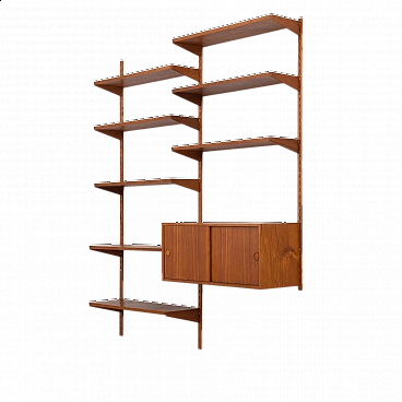 Two bay teak wall unit with sliding doors cabinet by Kai Kristiansen for FM Mobler, 1960s