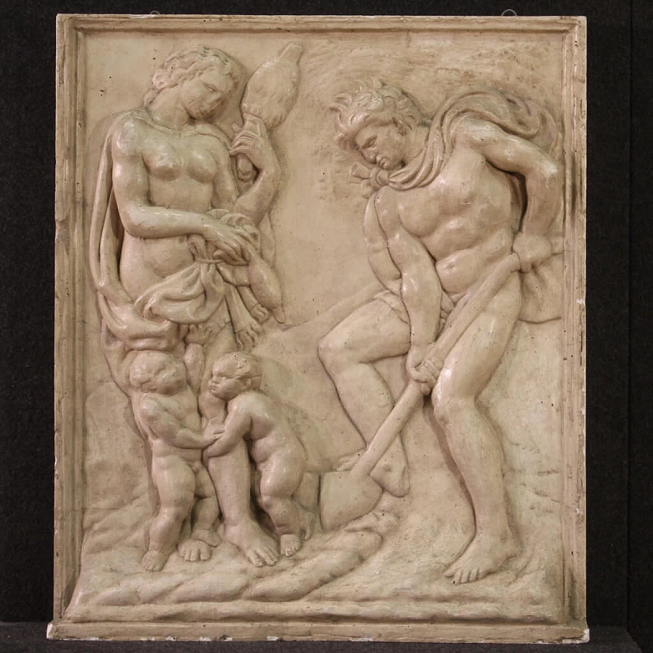 Adamo ed Eva al lavoro, bassorilievo in gesso, anni '60 1