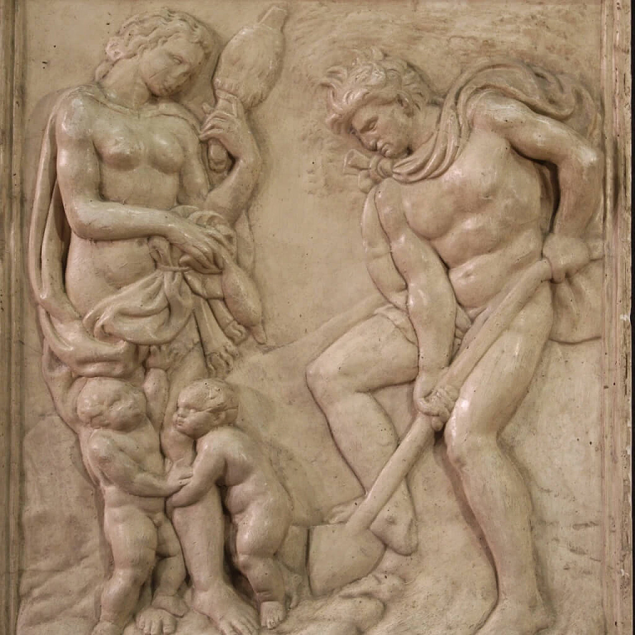 Adamo ed Eva al lavoro, bassorilievo in gesso, anni '60 2