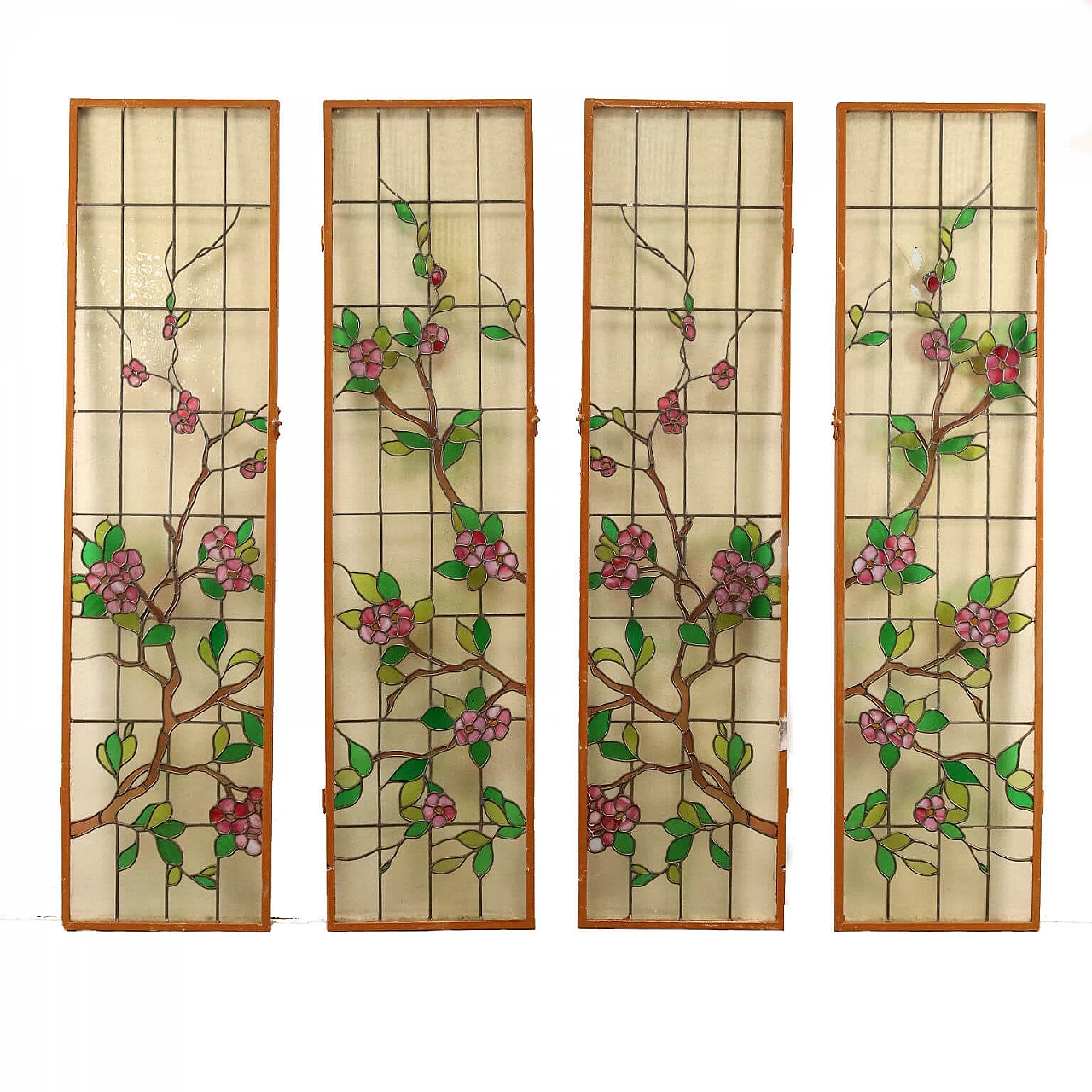 4 Art Nouveau stained glass windows in leaded glass and lacquered metal, early 1900s 1