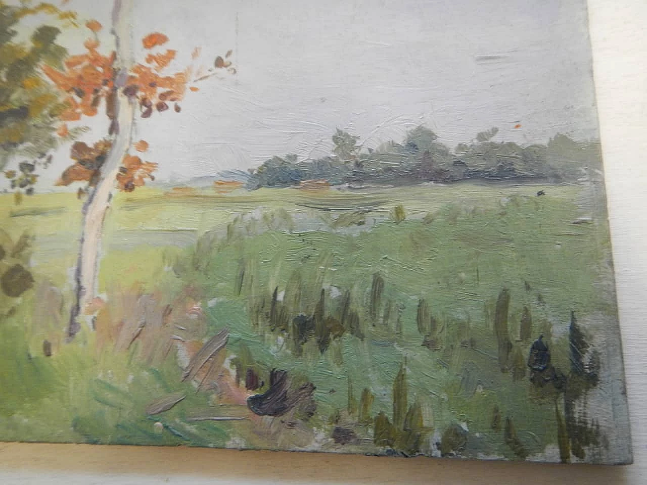 Des Champs, paesaggio di campagna, dipinto su legno, inizio '900 3