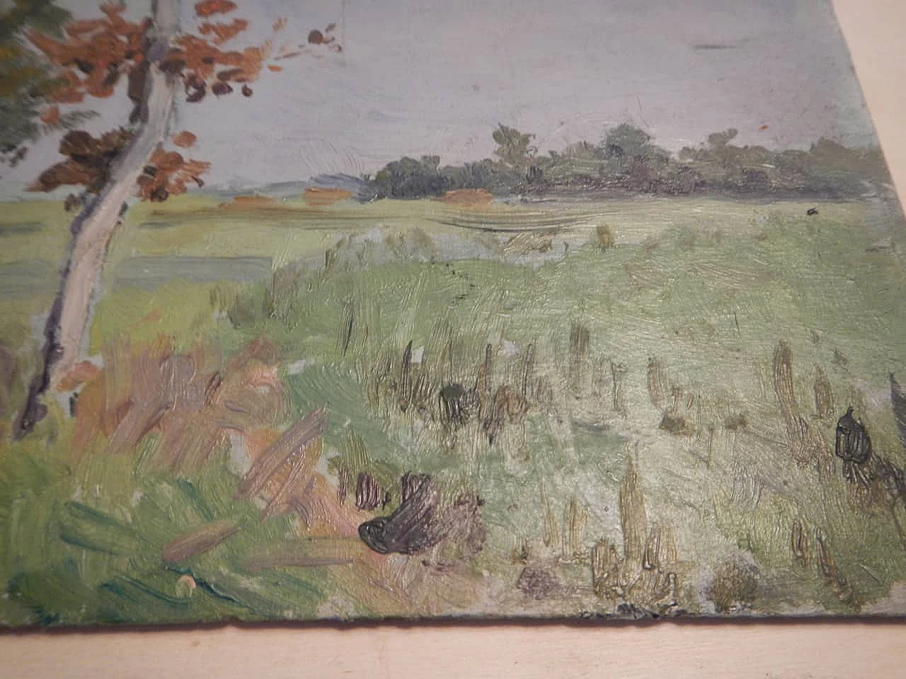 Des Champs, paesaggio di campagna, dipinto su legno, inizio '900 4