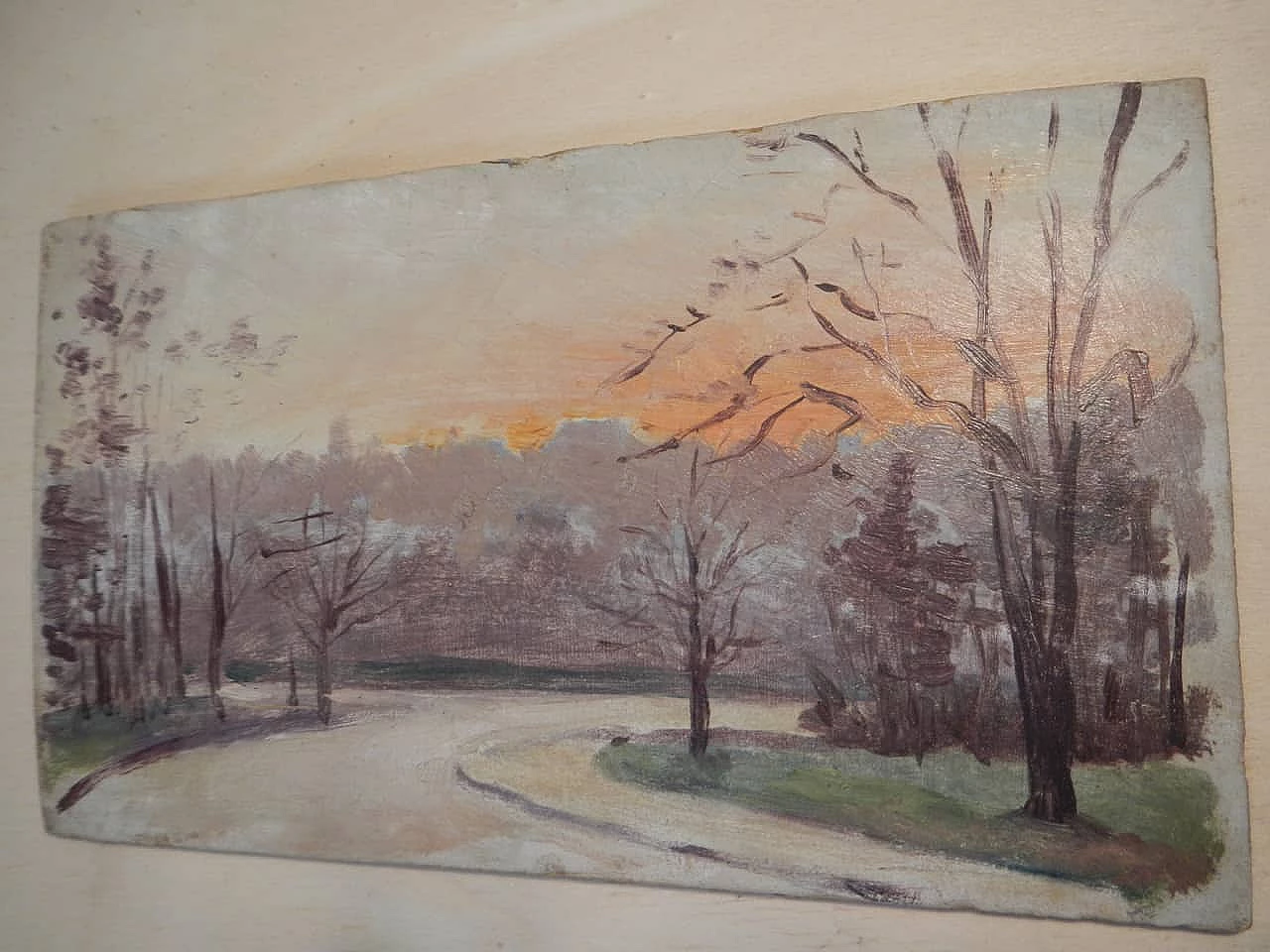 Des Champs, tramonto, dipinto su legno, inizio ‘900 8