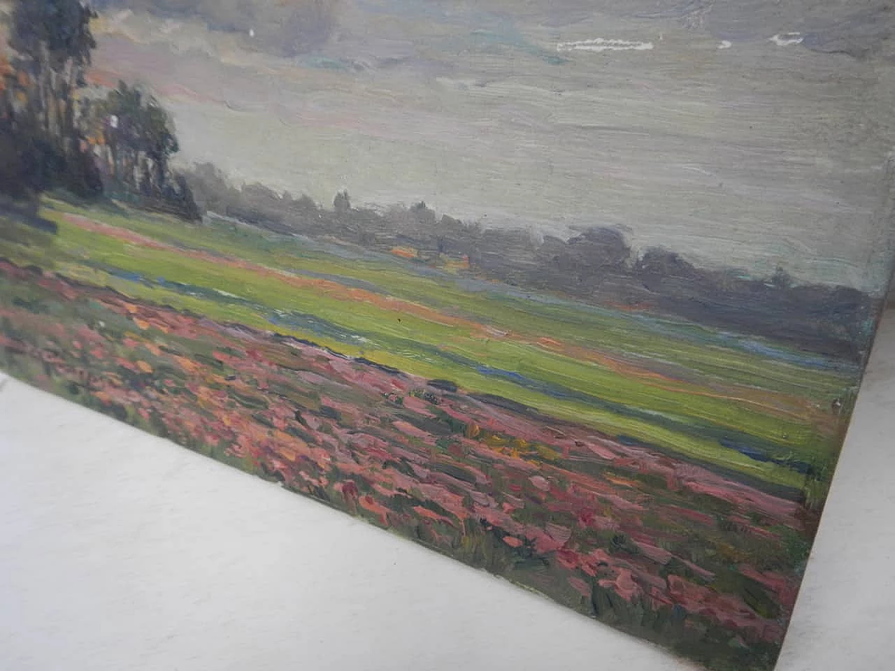 Des Champs, sunset on field, painting on wood, early 20th century 5