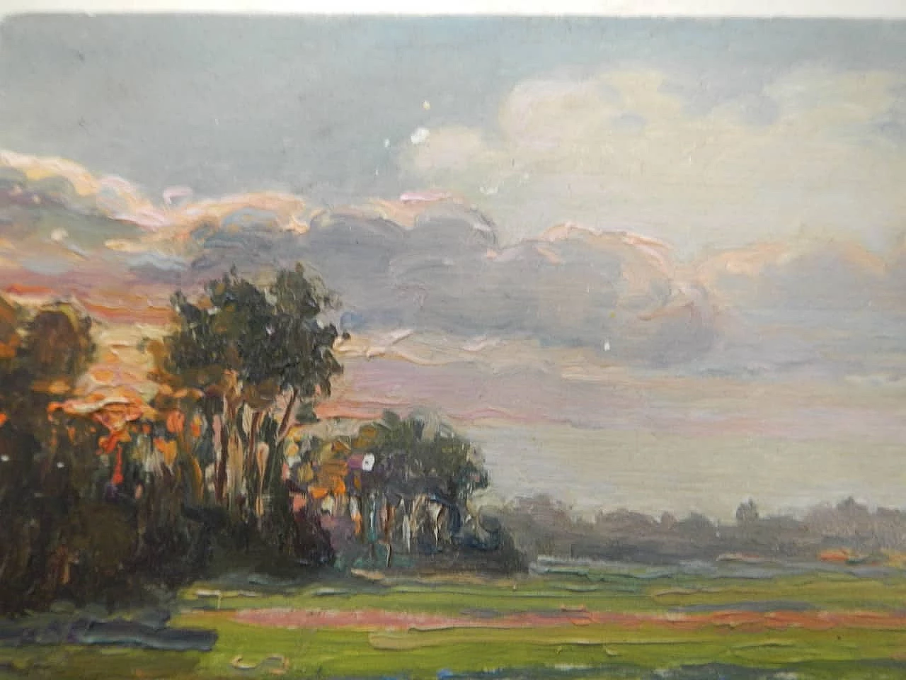 Des Champs, sunset on field, painting on wood, early 20th century 6