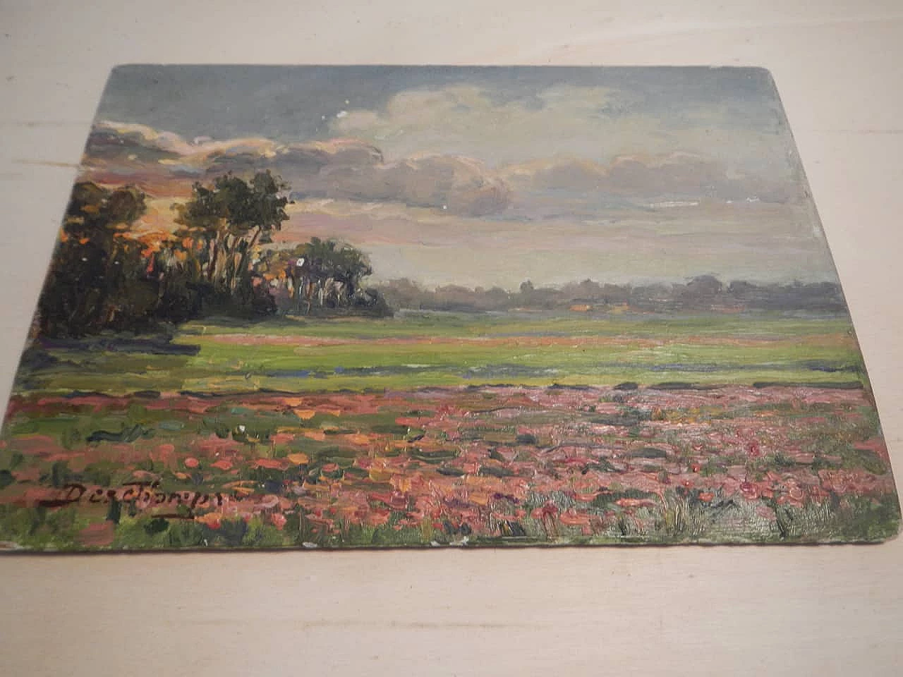Des Champs, sunset on field, painting on wood, early 20th century 12