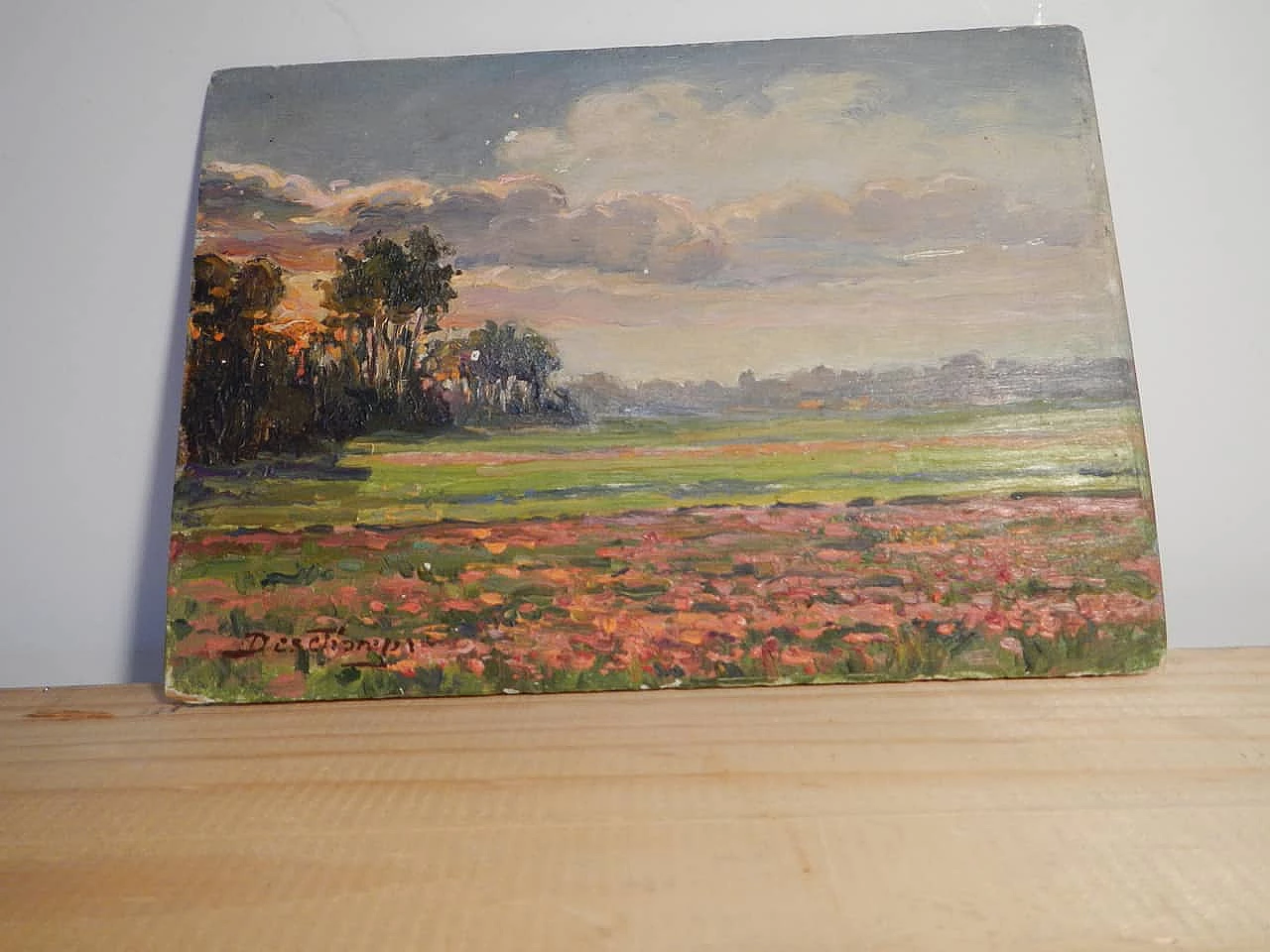 Des Champs, sunset on field, painting on wood, early 20th century 13