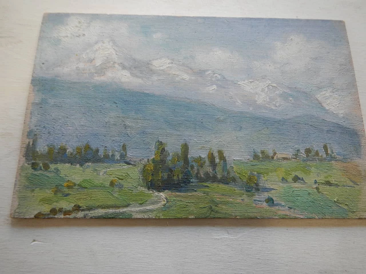 Des Champs, paesaggio di montagna, dipinto su legno, inizio ‘900 5