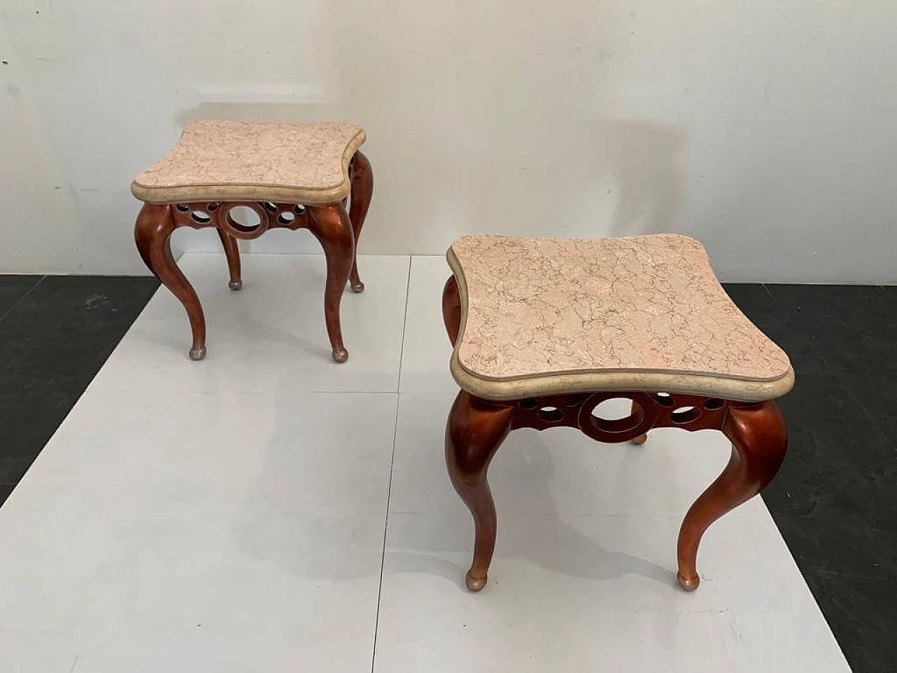 Pair of red metal leaf coffee tables with pink marble tops, 1990s 3