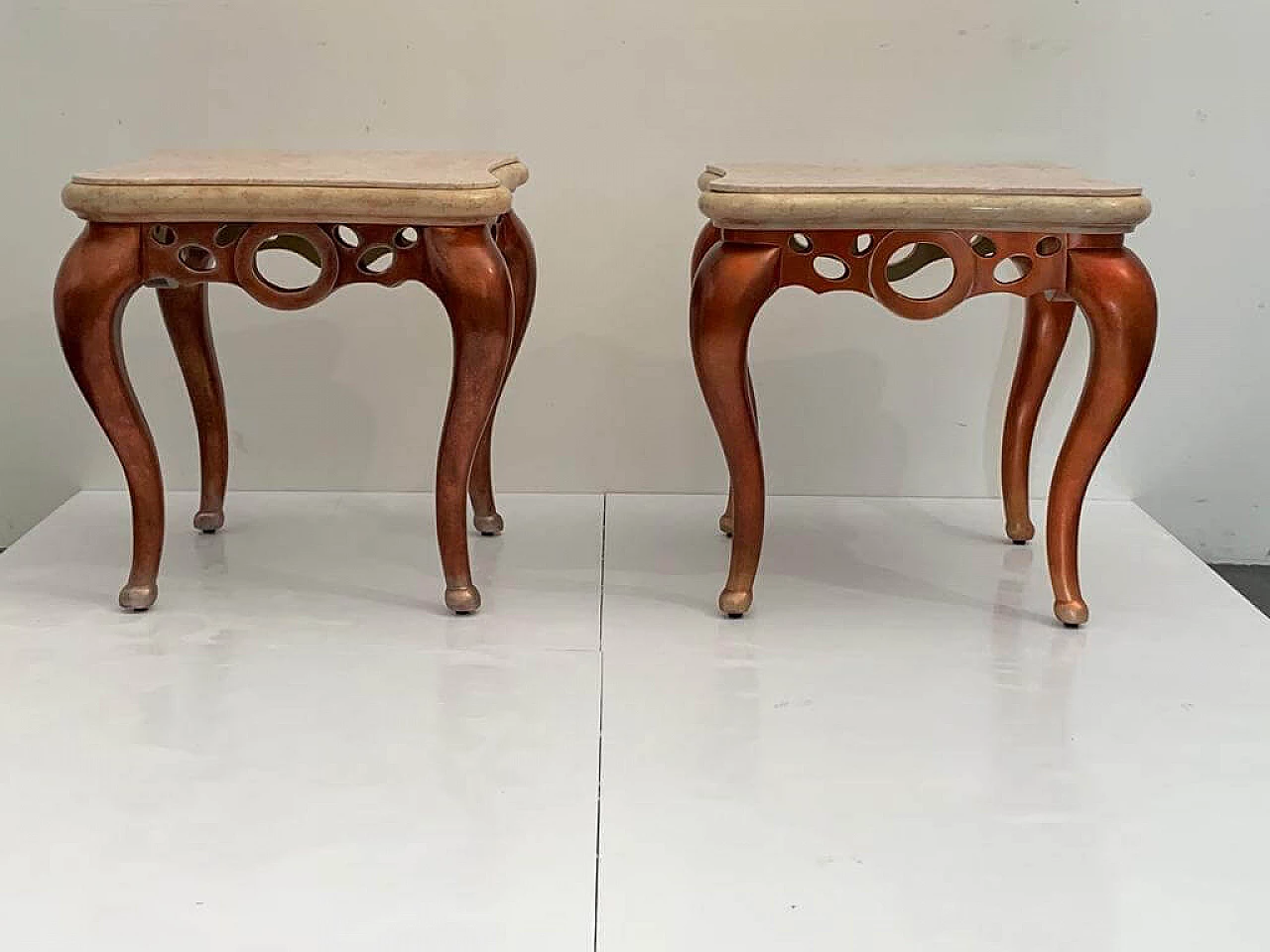 Pair of red metal leaf coffee tables with pink marble tops, 1990s 11