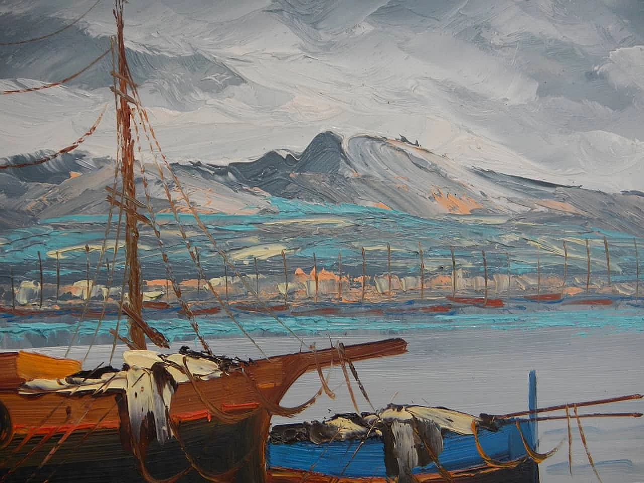 Filito, barche, dipinto a olio, anni '50 7