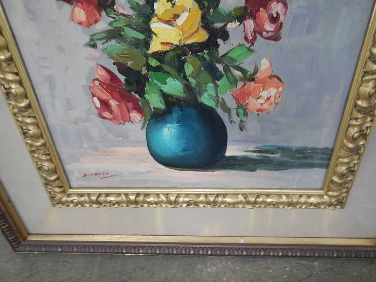 Cocco, vaso di fiori, dipinto a olio, anni '50 6