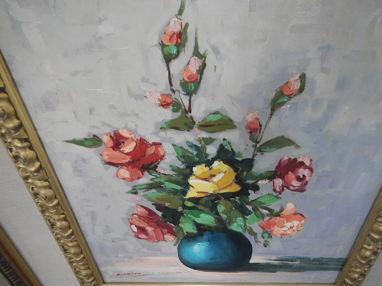 Cocco, vaso di fiori, dipinto a olio, anni '50 8
