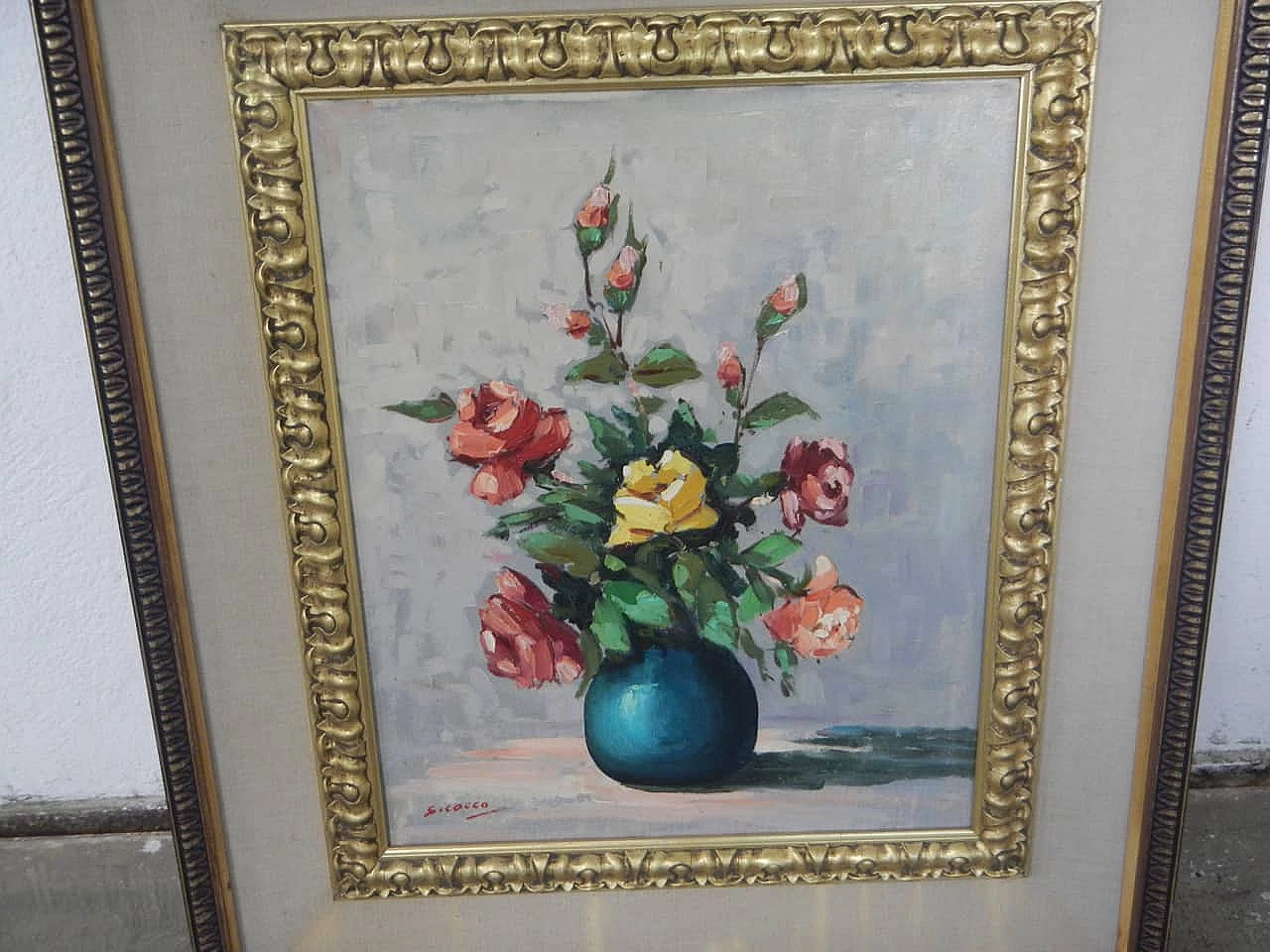Cocco, vaso di fiori, dipinto a olio, anni '50 12