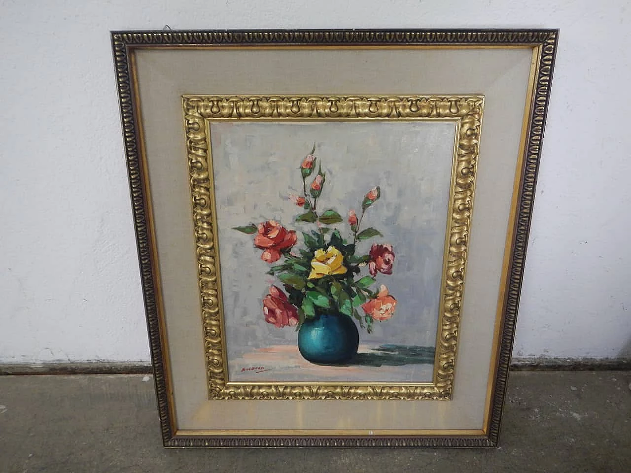 Cocco, vaso di fiori, dipinto a olio, anni '50 13