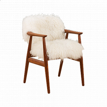 Teak chair with Tibetan longhair sheep wool upholstery by Erik Kierkegaard, 1960s