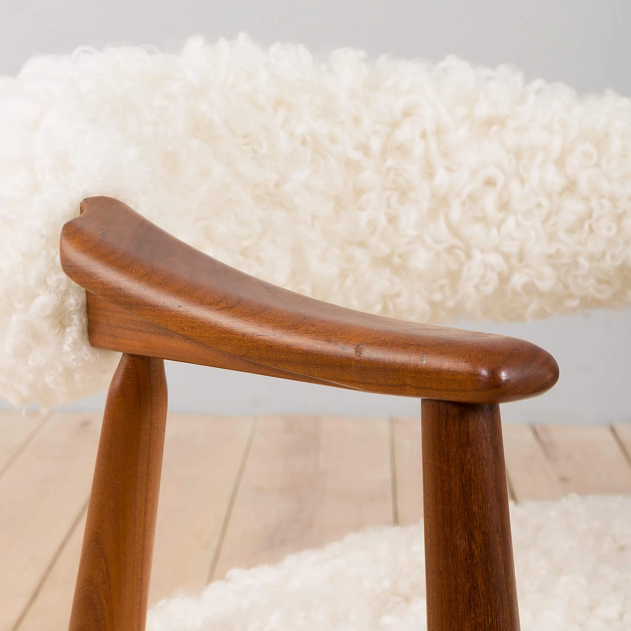 Farstrup chair in solid teak with natural sheepskin upholstery, 1960s 1