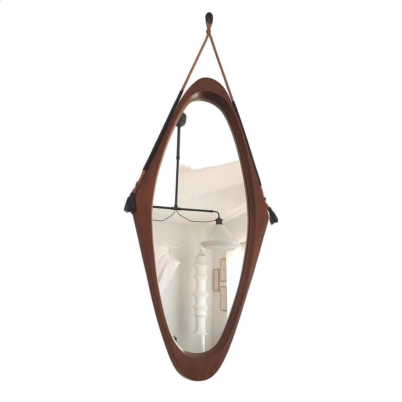 Teak framed mirror with rope, 1950s 6