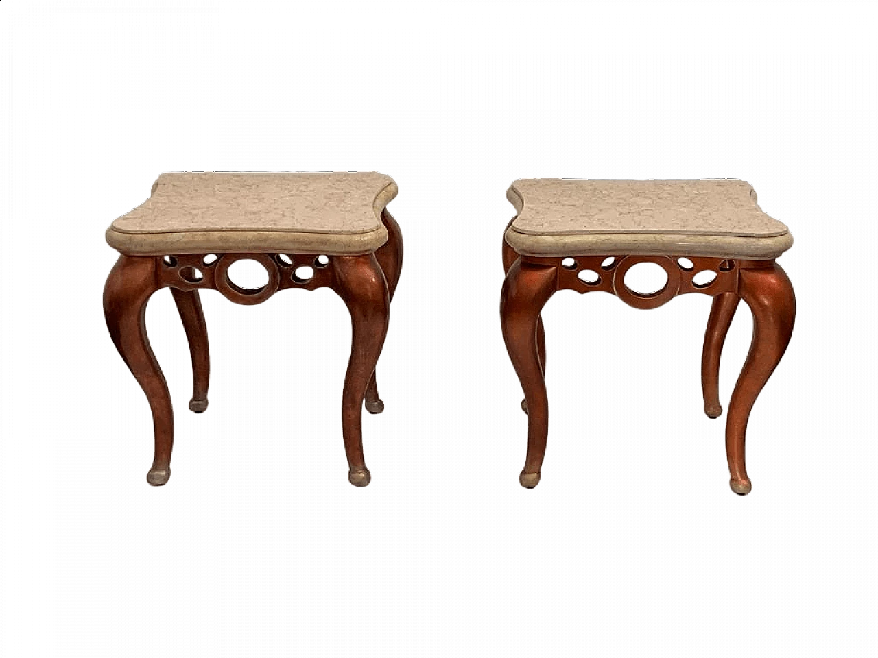 Coppia di tavolini in foglia di metallo rosso con piani in marmo rosa, anni '90 15