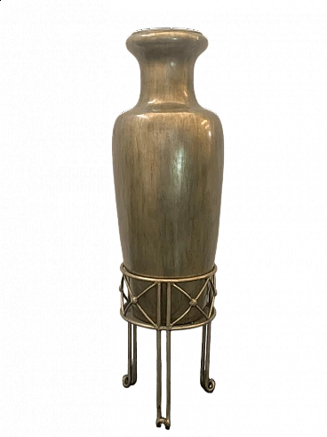 Grande vaso in ceramica con base in ferro battuto, anni '50