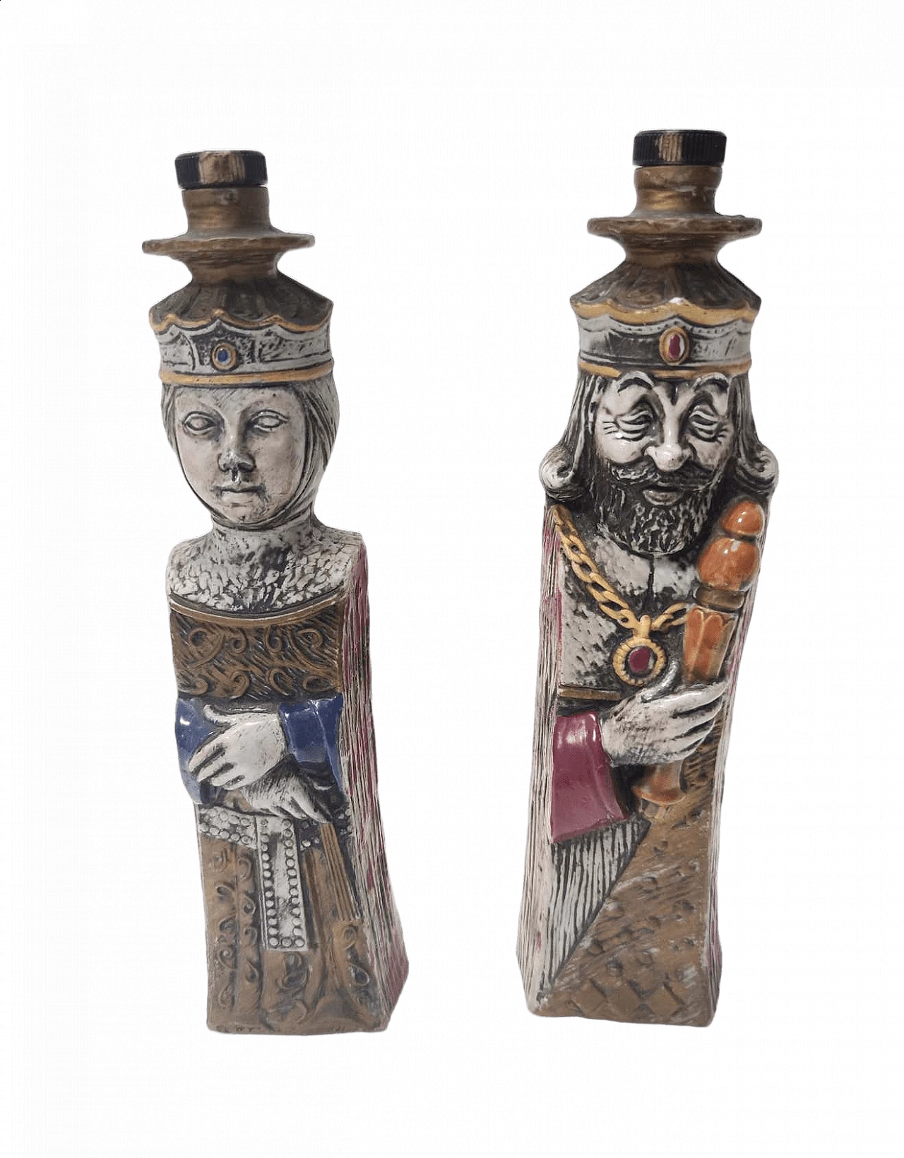 Coppia di bottiglie da liquore in ceramica raffiguranti un re e una regina, anni '60 16
