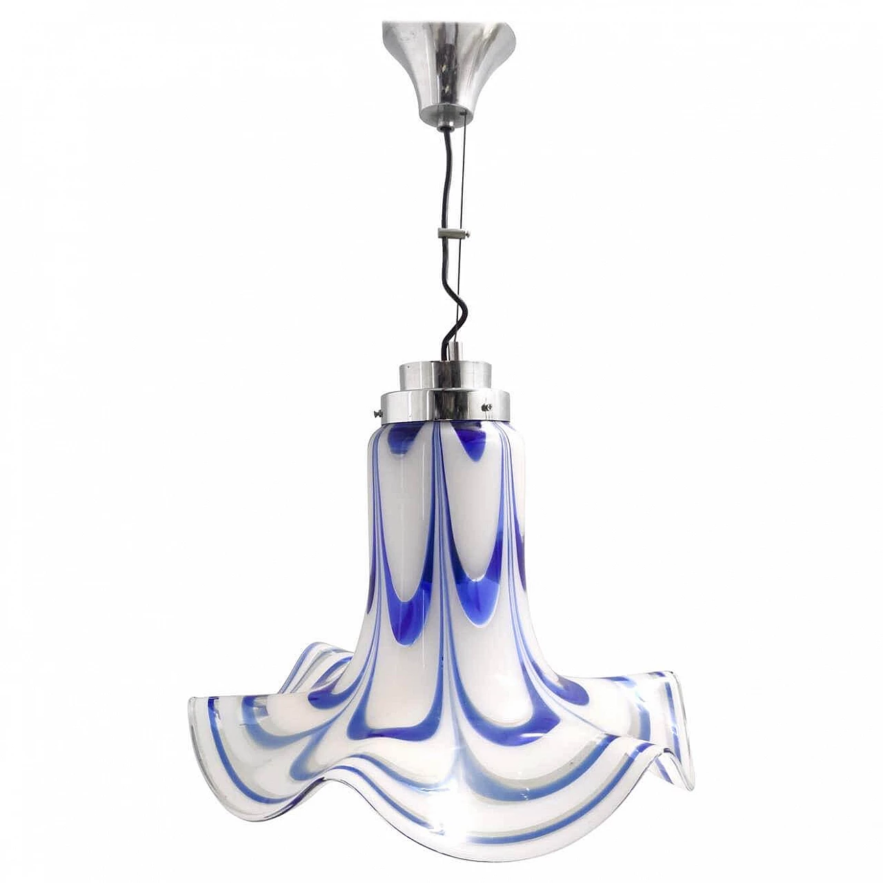 Blue and white Murano glass bell chandelier attributed to Mazzega, 1970s 1
