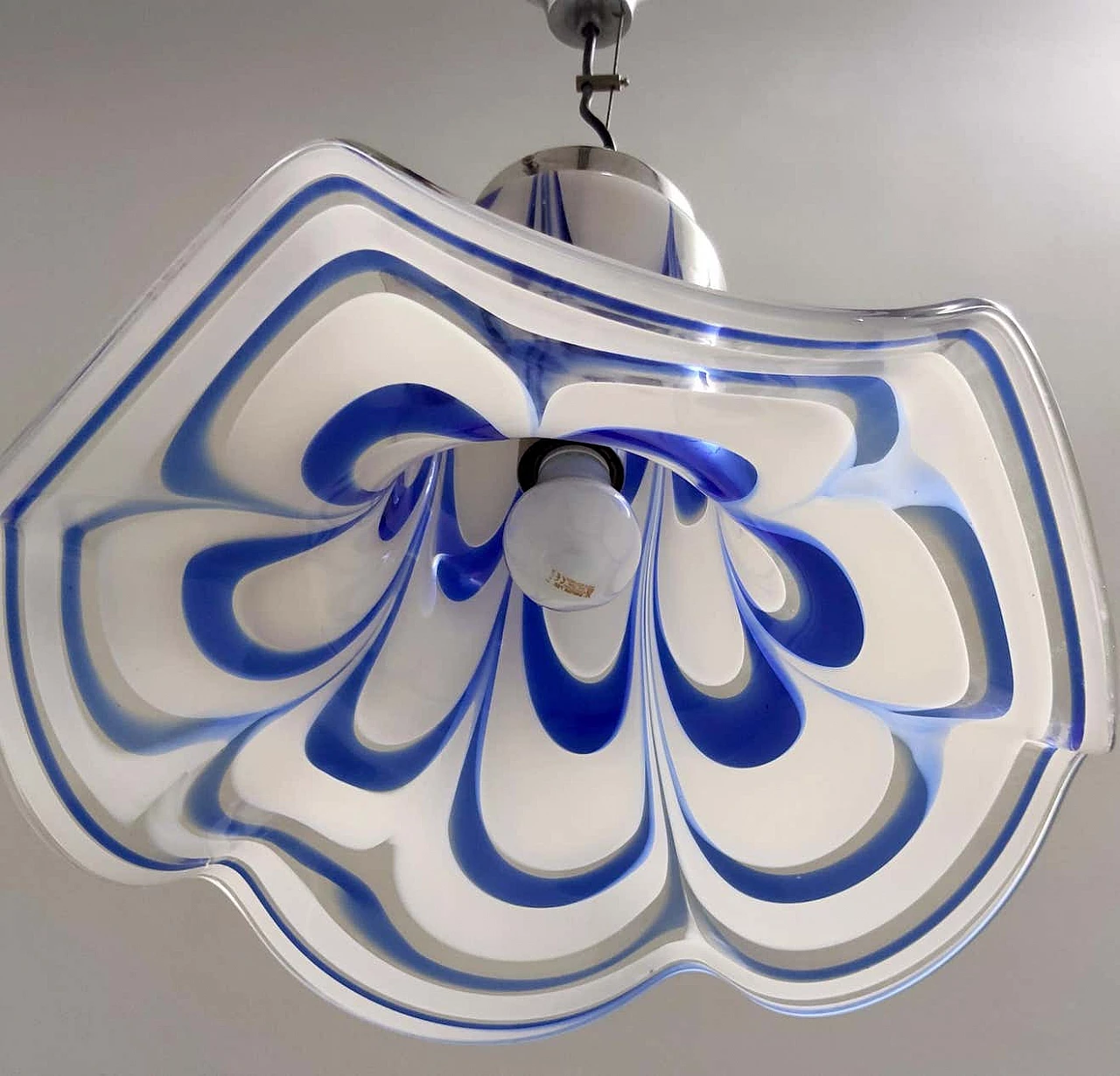 Blue and white Murano glass bell chandelier attributed to Mazzega, 1970s 2