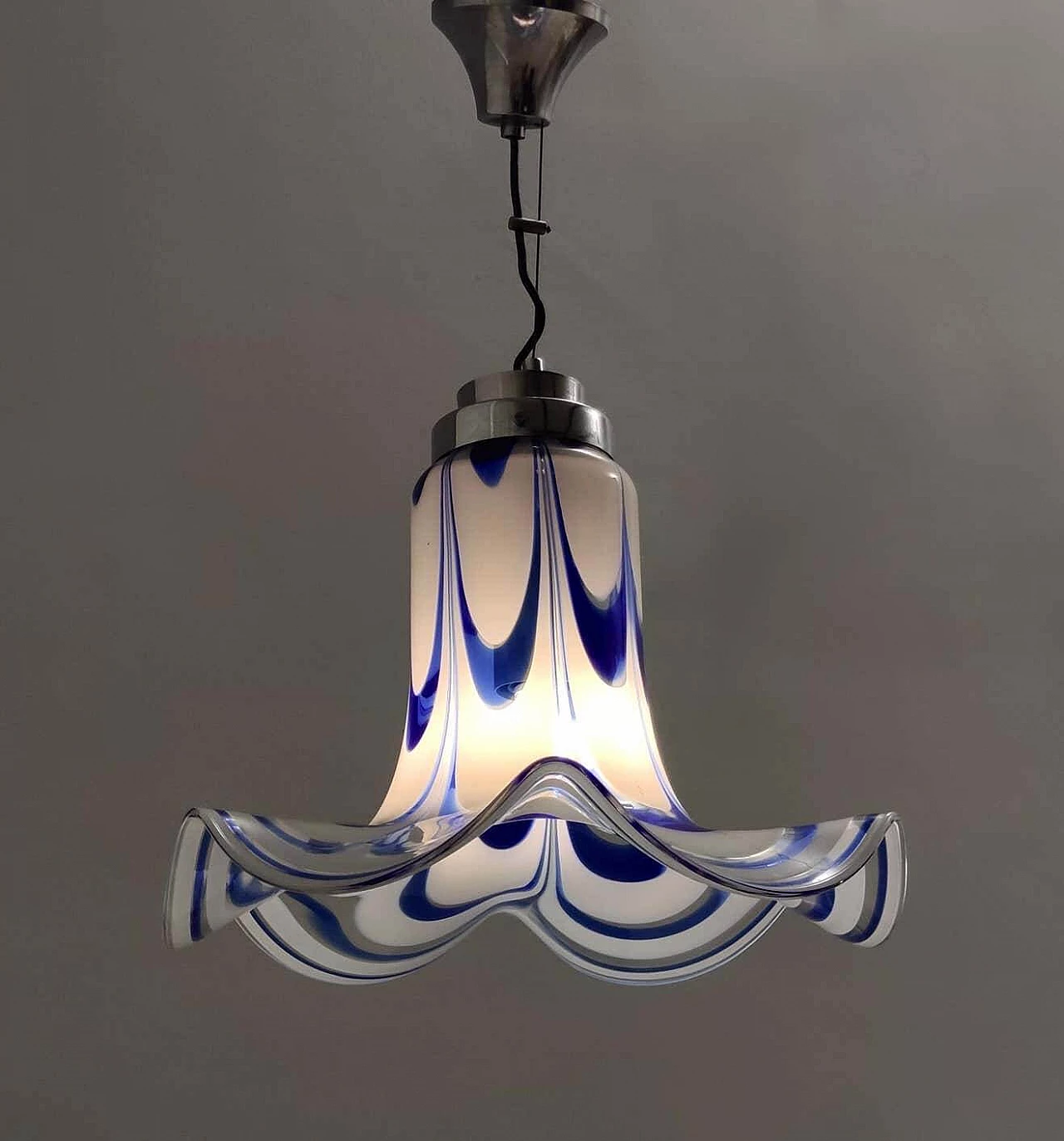 Blue and white Murano glass bell chandelier attributed to Mazzega, 1970s 7