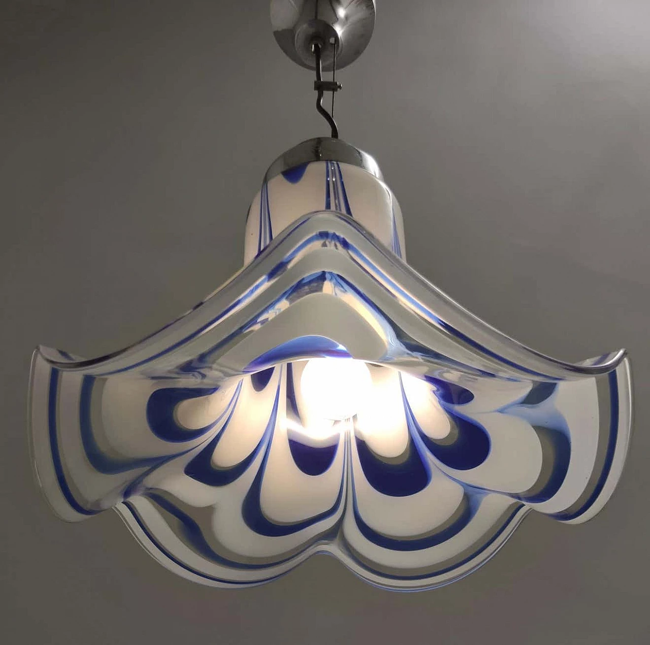 Blue and white Murano glass bell chandelier attributed to Mazzega, 1970s 8