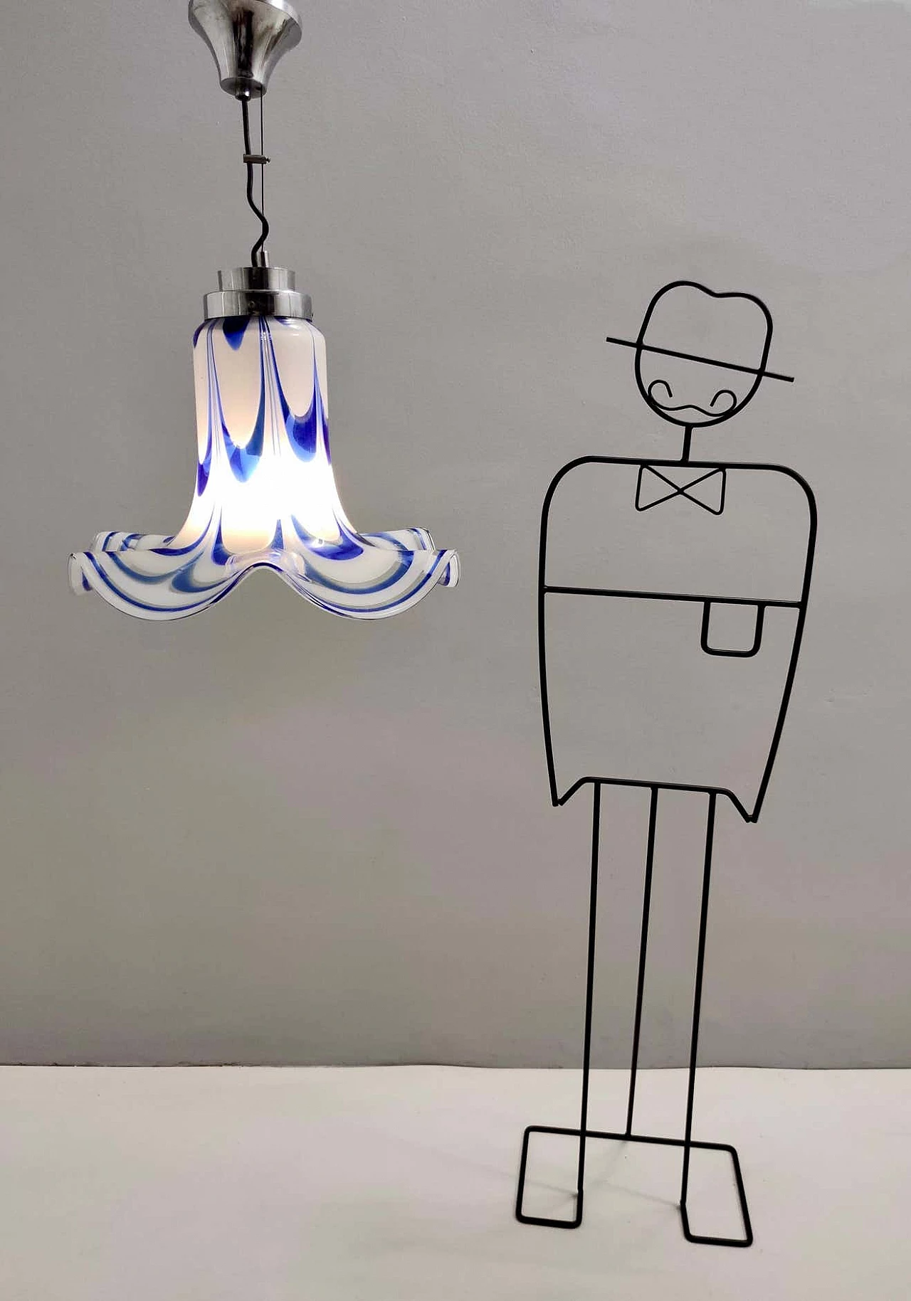 Blue and white Murano glass bell chandelier attributed to Mazzega, 1970s 9