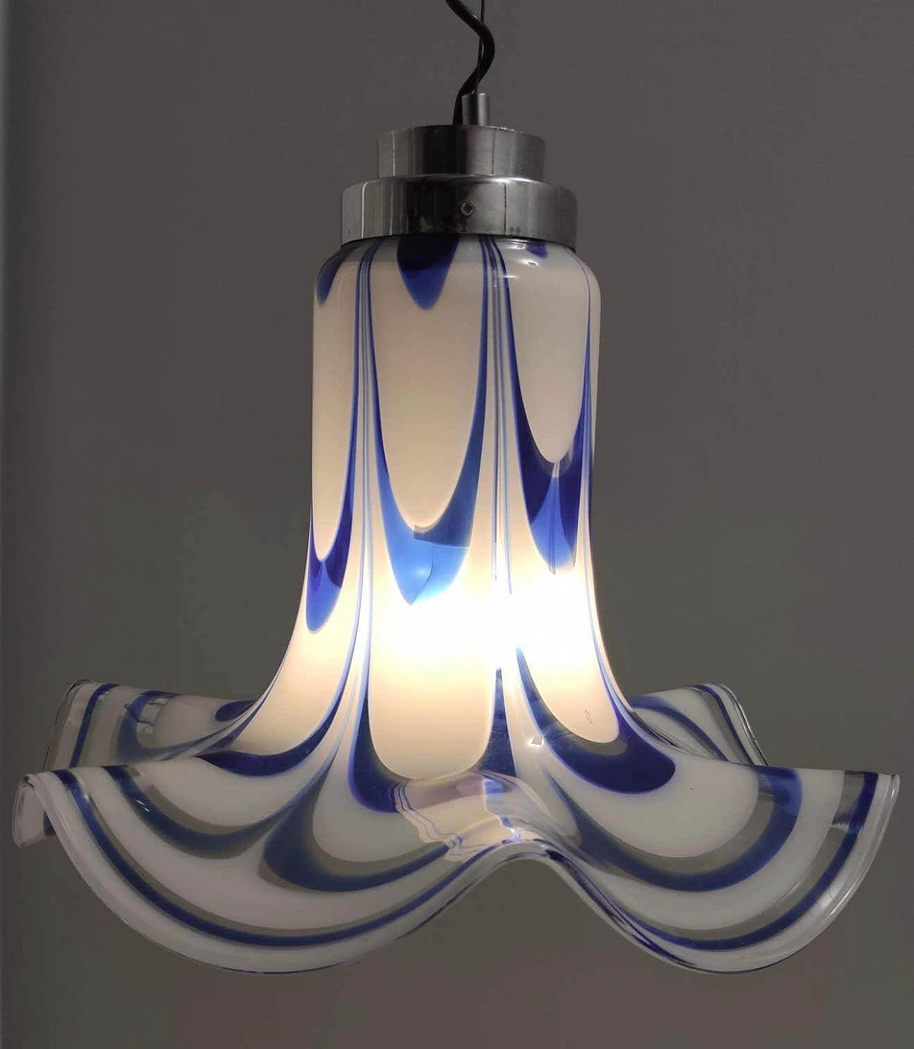 Blue and white Murano glass bell chandelier attributed to Mazzega, 1970s 10