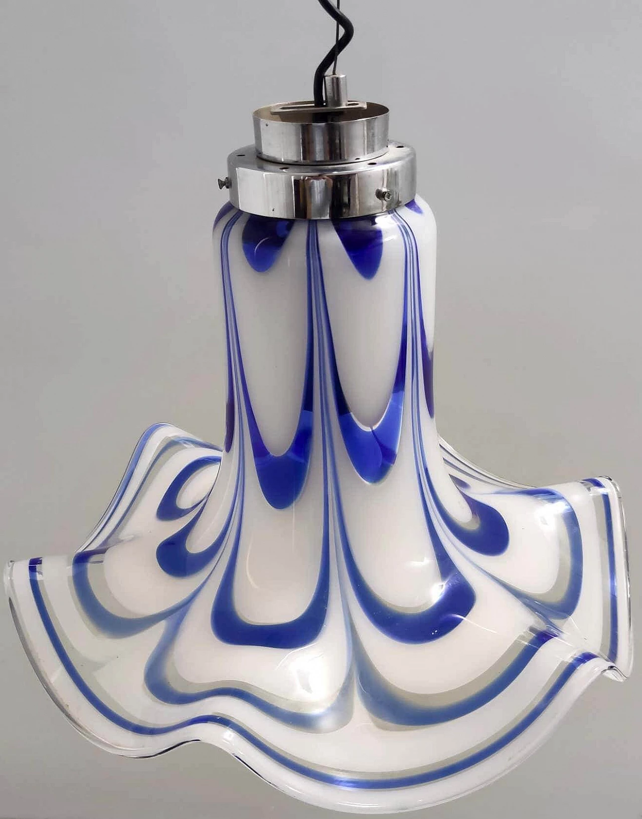 Blue and white Murano glass bell chandelier attributed to Mazzega, 1970s 14