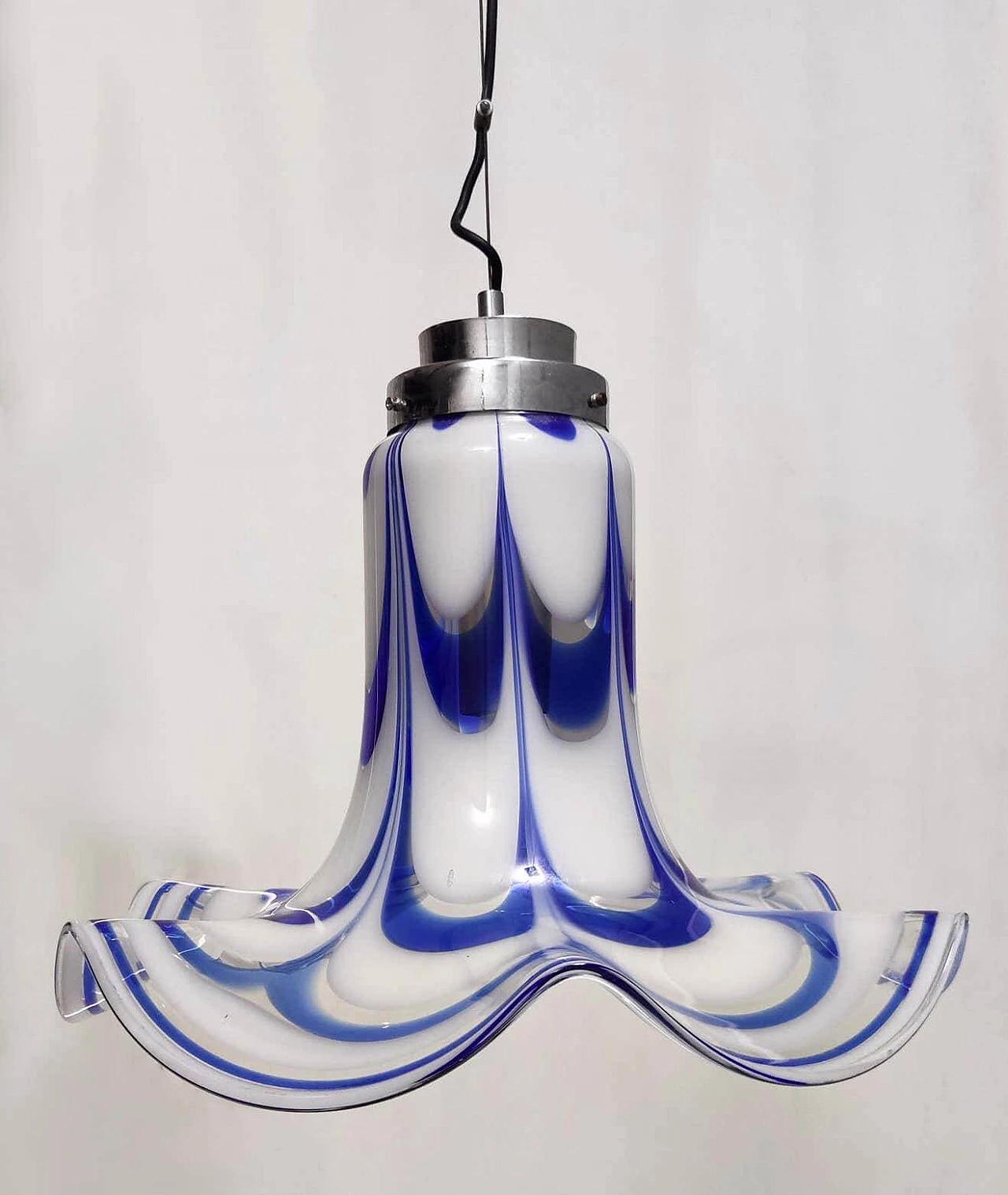 Blue and white Murano glass bell chandelier attributed to Mazzega, 1970s 15