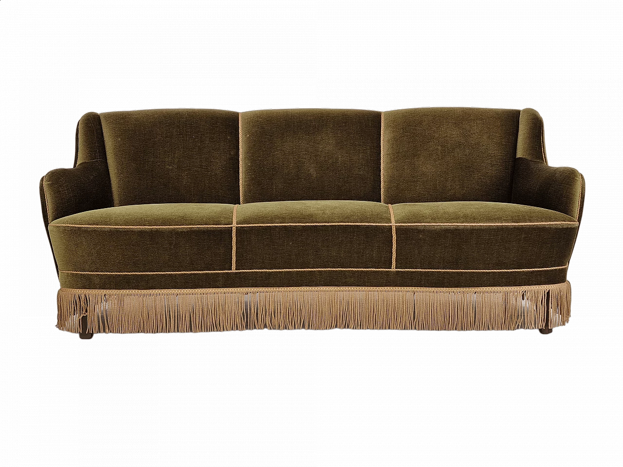 Three-seater green velvet sofa with tassels, 1960s 19