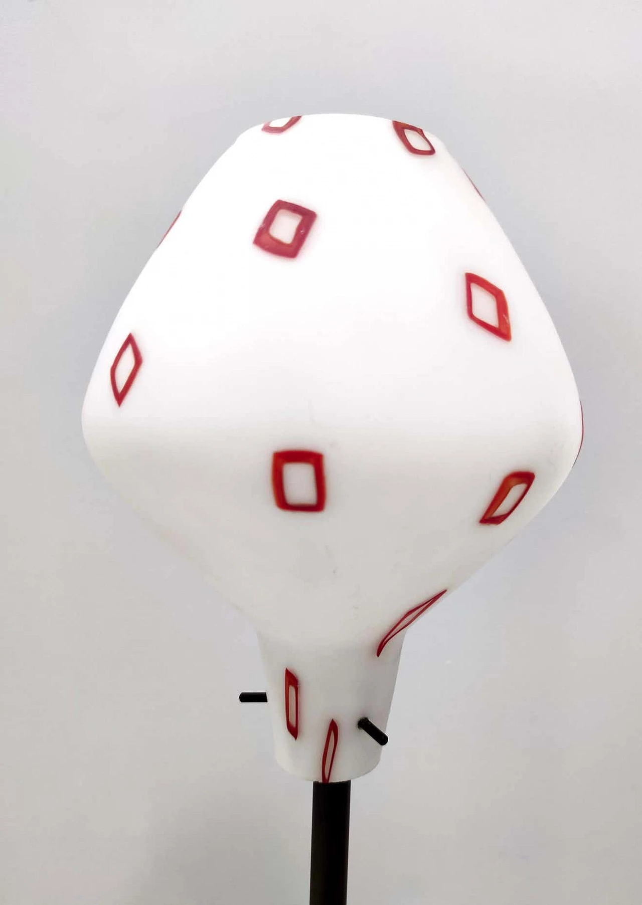 Floor lamp with enamelled glass shade with red geometric patterns, 1950s 7