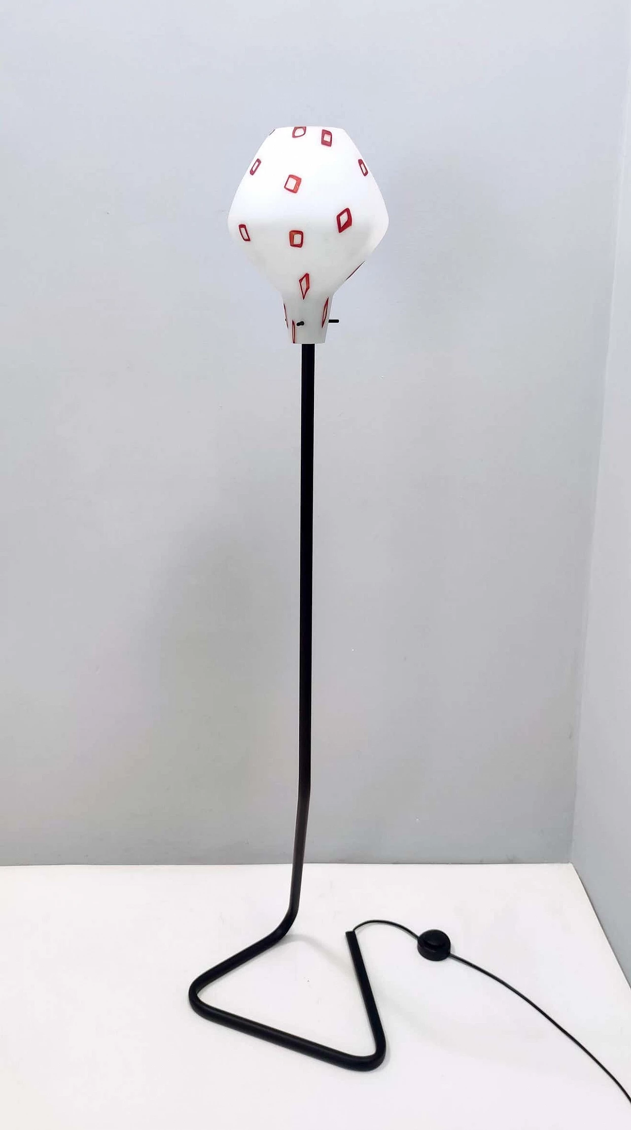 Floor lamp with enamelled glass shade with red geometric patterns, 1950s 9