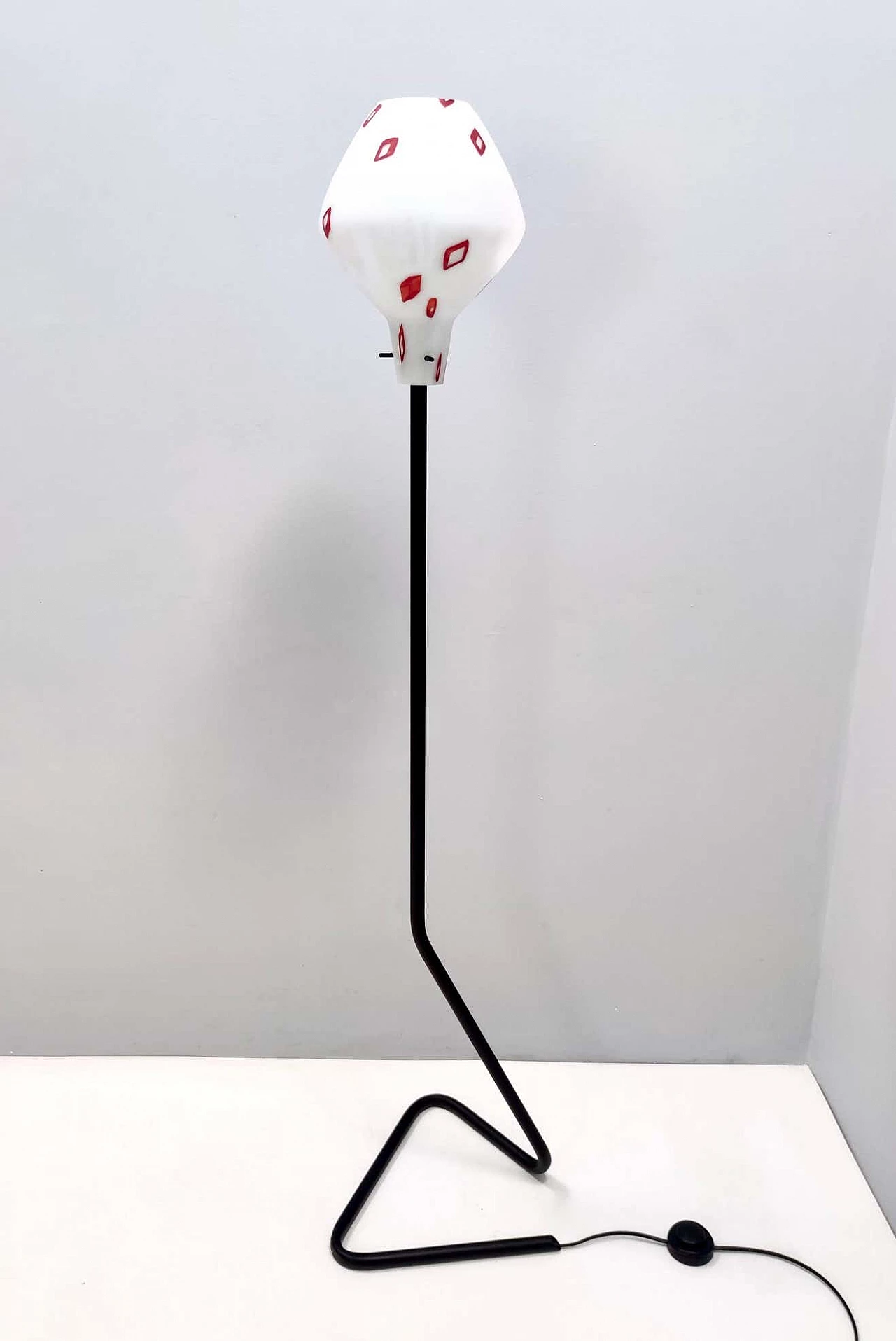 Floor lamp with enamelled glass shade with red geometric patterns, 1950s 10