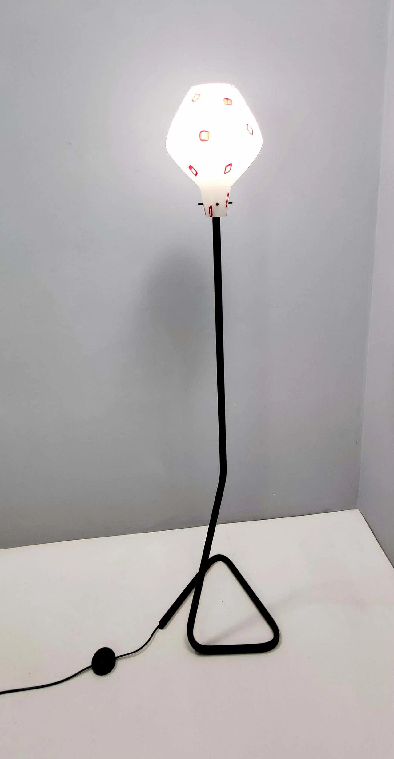 Floor lamp with enamelled glass shade with red geometric patterns, 1950s 11