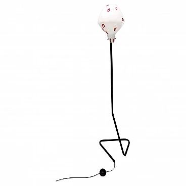 Floor lamp with enamelled glass shade with red geometric patterns, 1950s