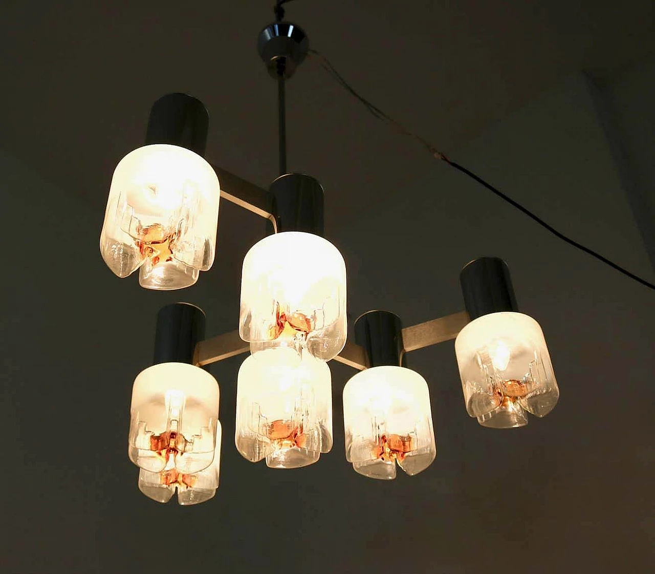 Three-armed blown glass and metal chandelier for Mazzega, 1970s 1