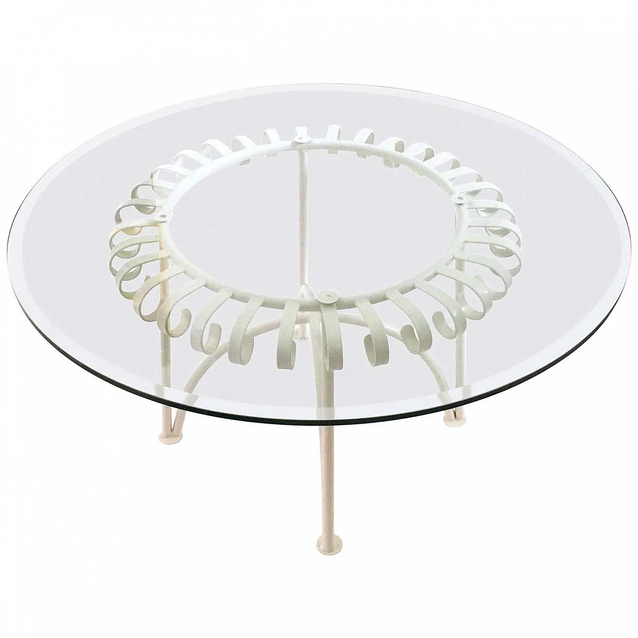 Tavolino in metallo verniciato bianco con piano in vetro rotondo, anni '50 3