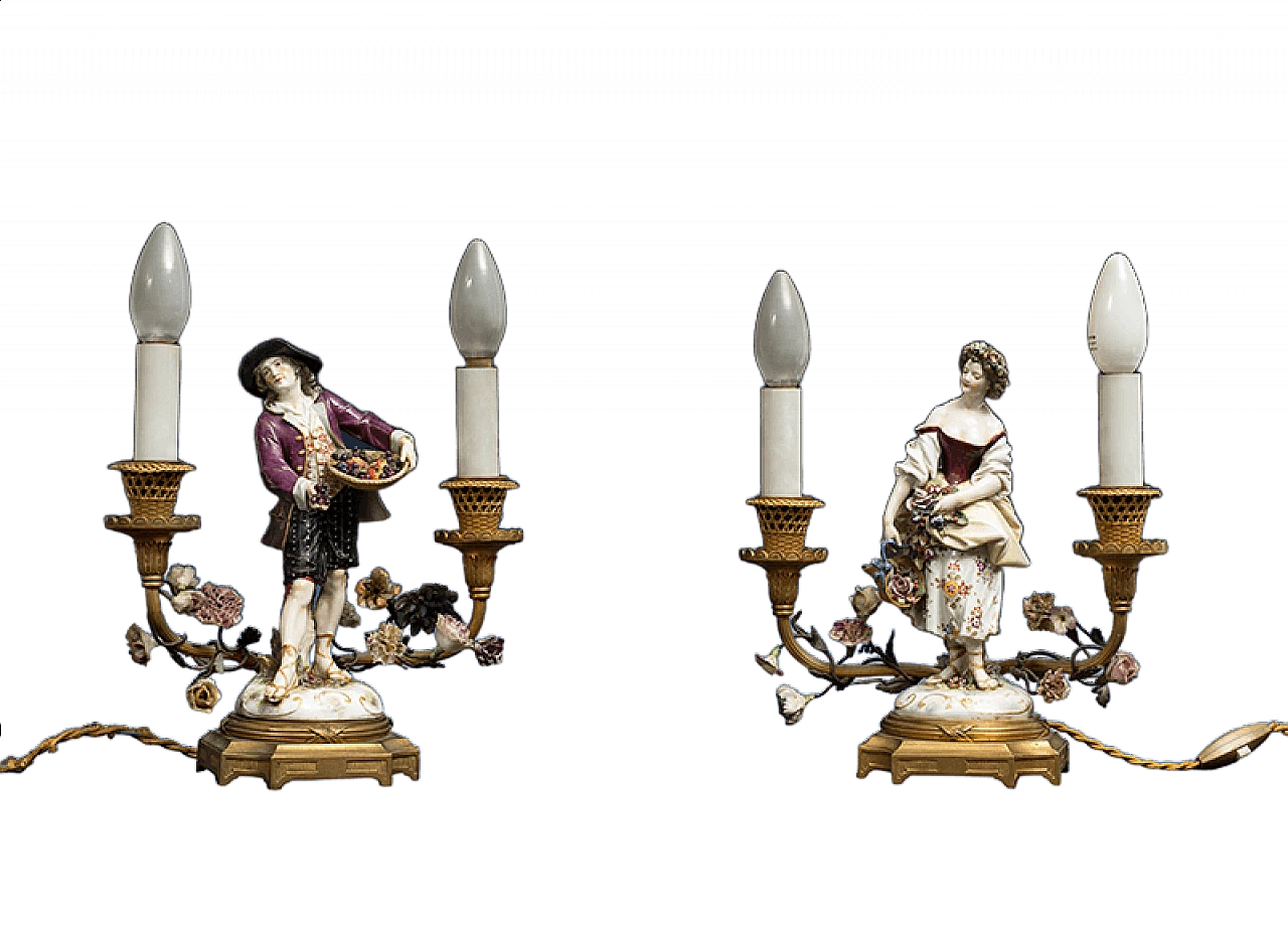 Coppia lampade da tavolo in bronzo e porcellana di Meissen, fine '800 7