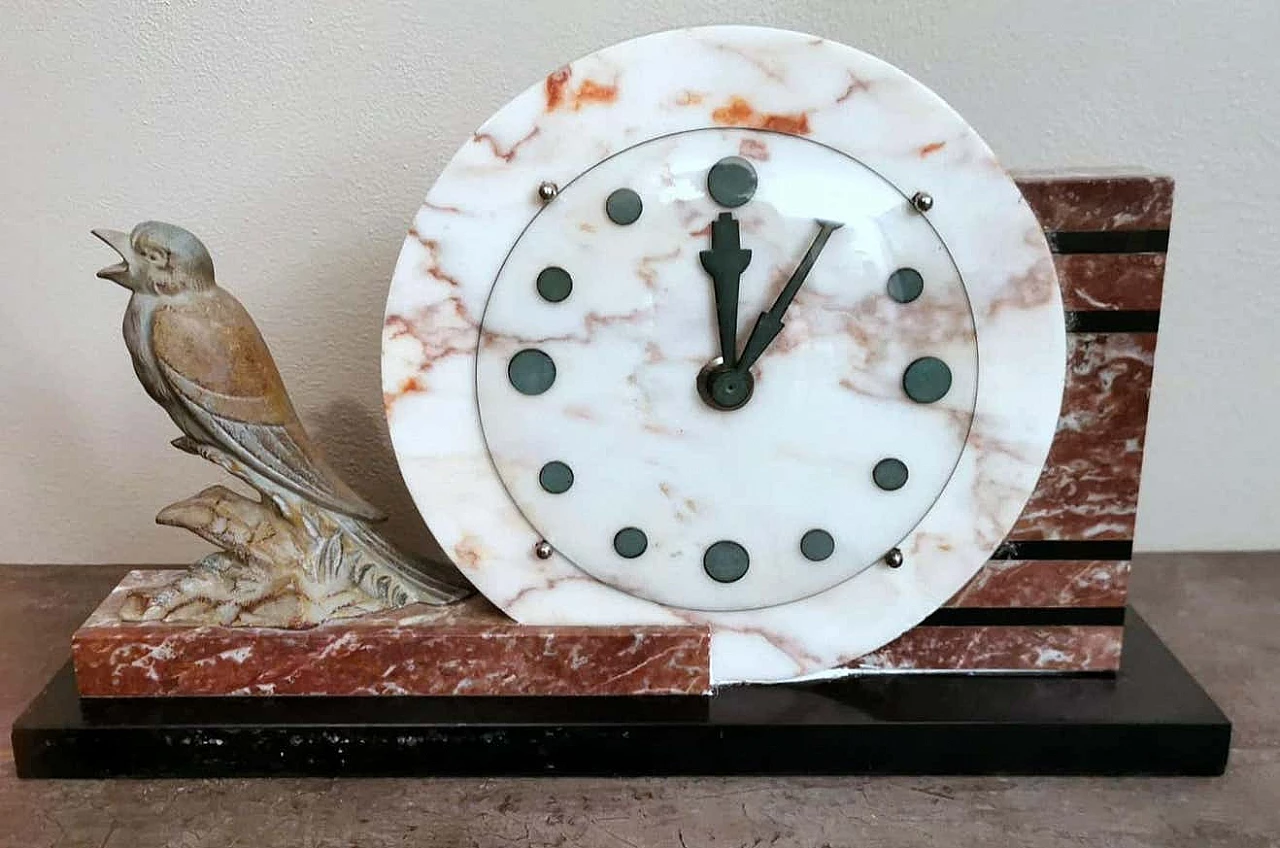 Marble clock with metal bird Art Decò, 1930s 2