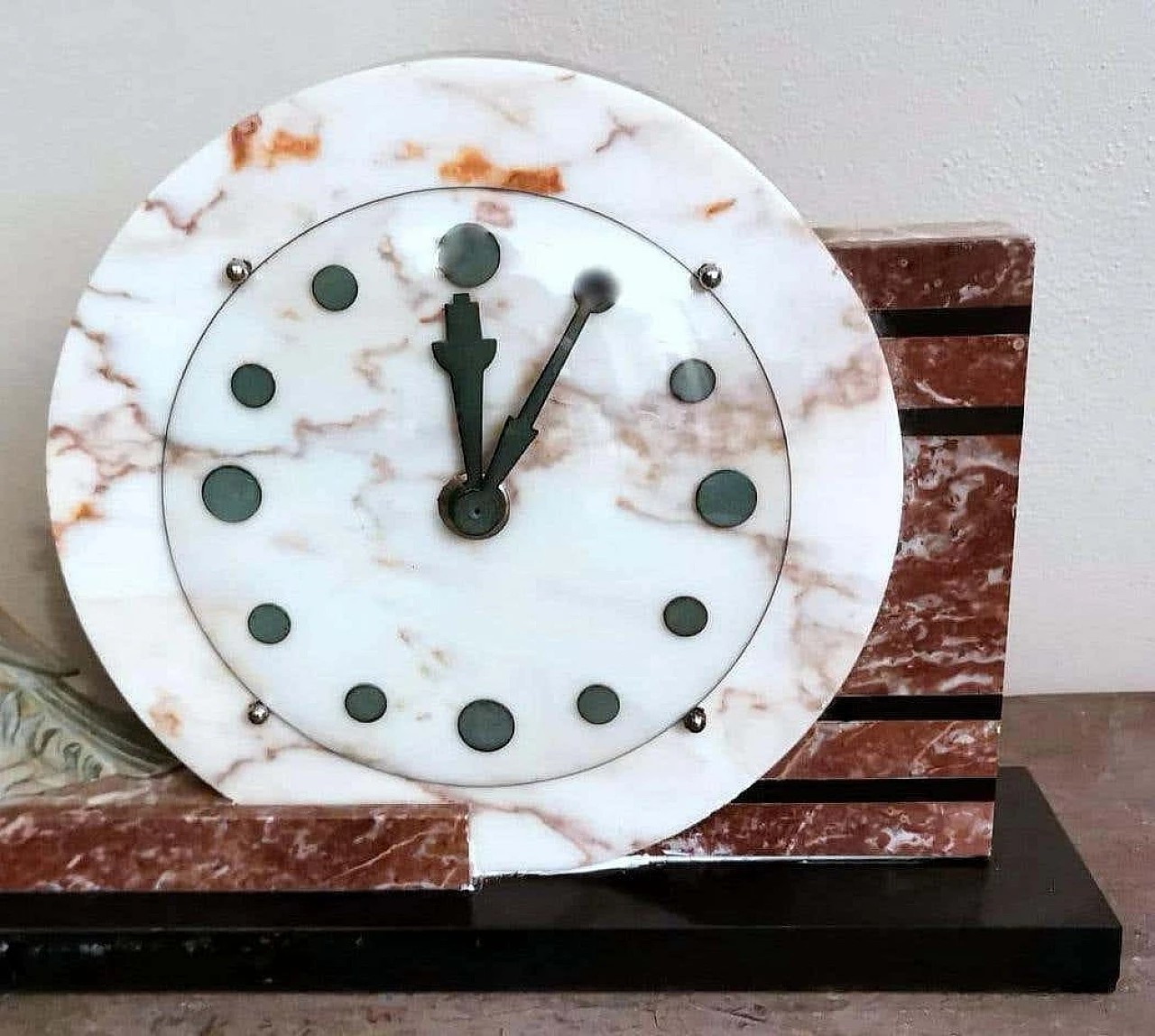 Marble clock with metal bird Art Decò, 1930s 3