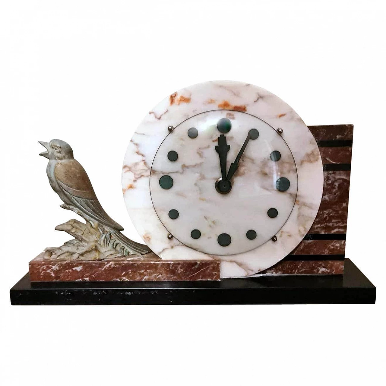 Orologio in marmo con uccello in metallo Art Decò, anni '30 18