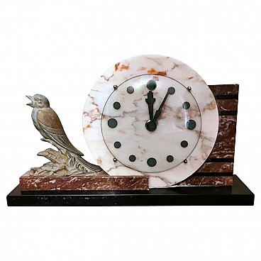 Marble clock with metal bird Art Decò, 1930s