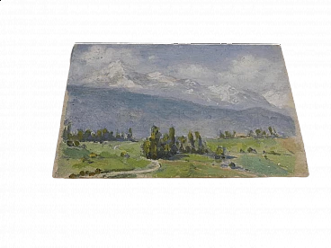 Des Champs, paesaggio di montagna, dipinto su legno, inizio ‘900