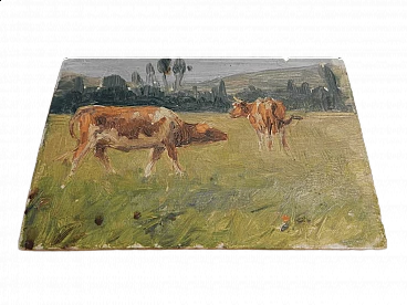 Des Champs, mucche, dipinto su legno, inizio ‘900